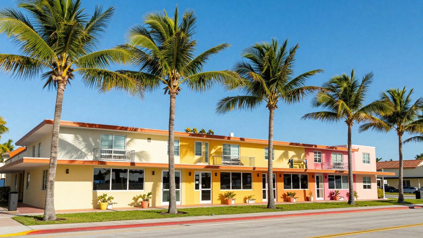 Florida coastline with commercial building and palm trees.
