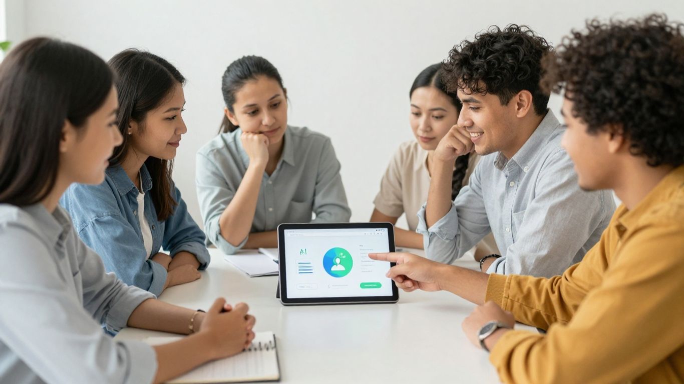 Small business owners easily using AI on a tablet.