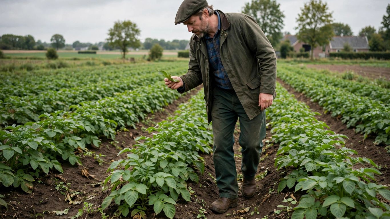 Aardappelteler inspecteert gezonde planten op akker