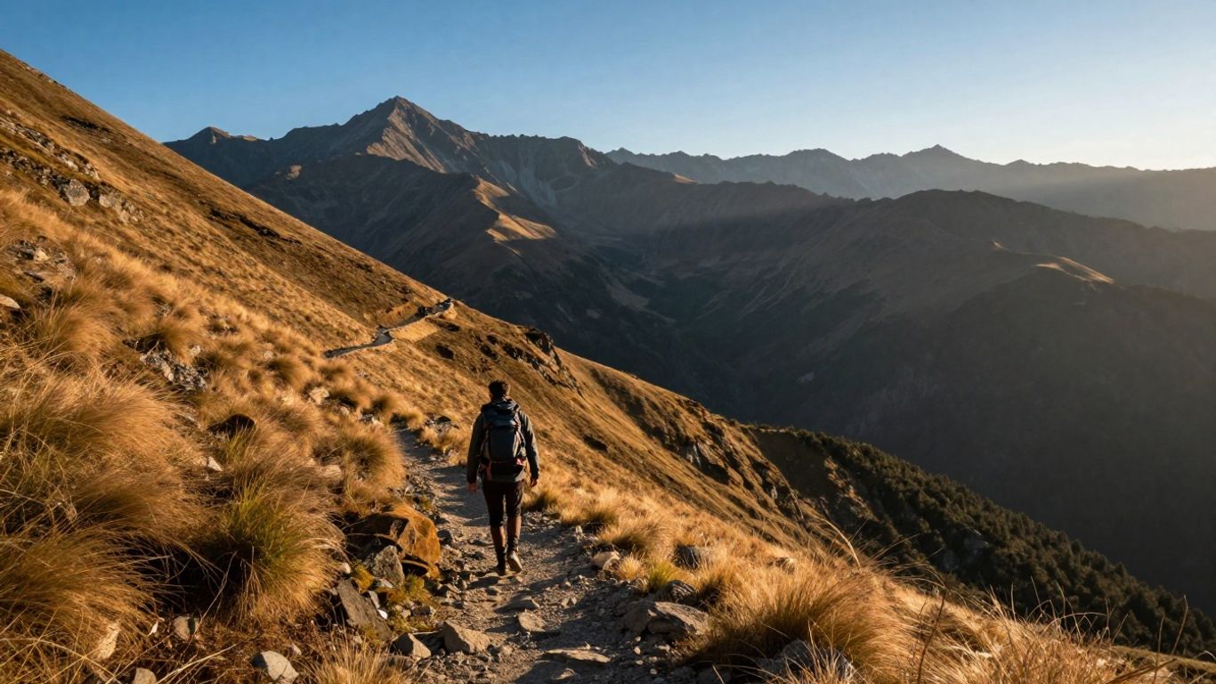 A lone hiker crossing a rugged mountain pass