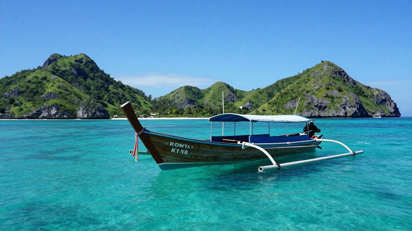 Boat sailing turquoise waters near Komodo Island.