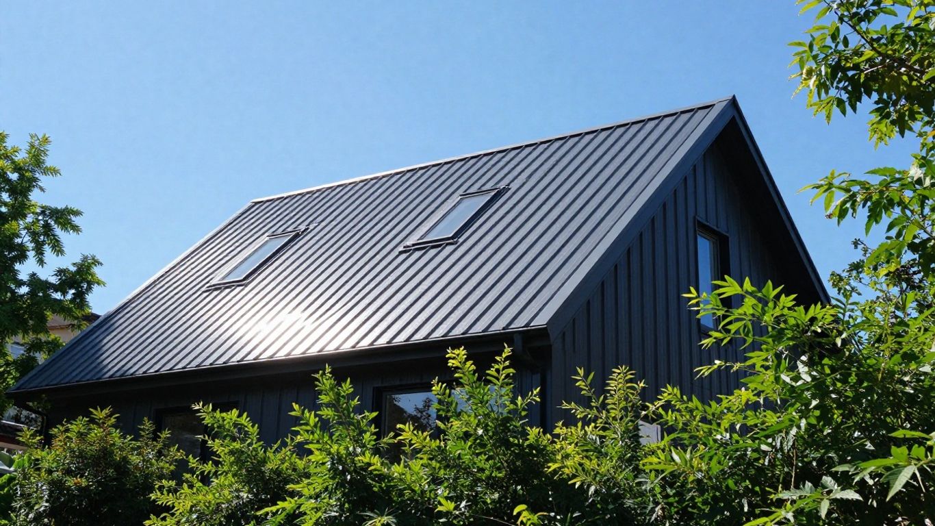 Modern house with dark gray metal roof.