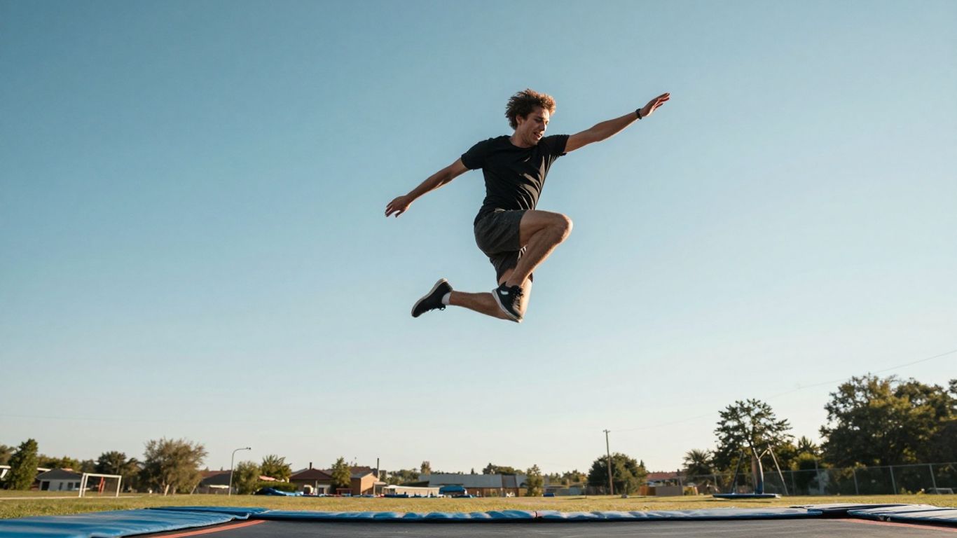 Person joyfully bouncing high on an outdoor trampoline.