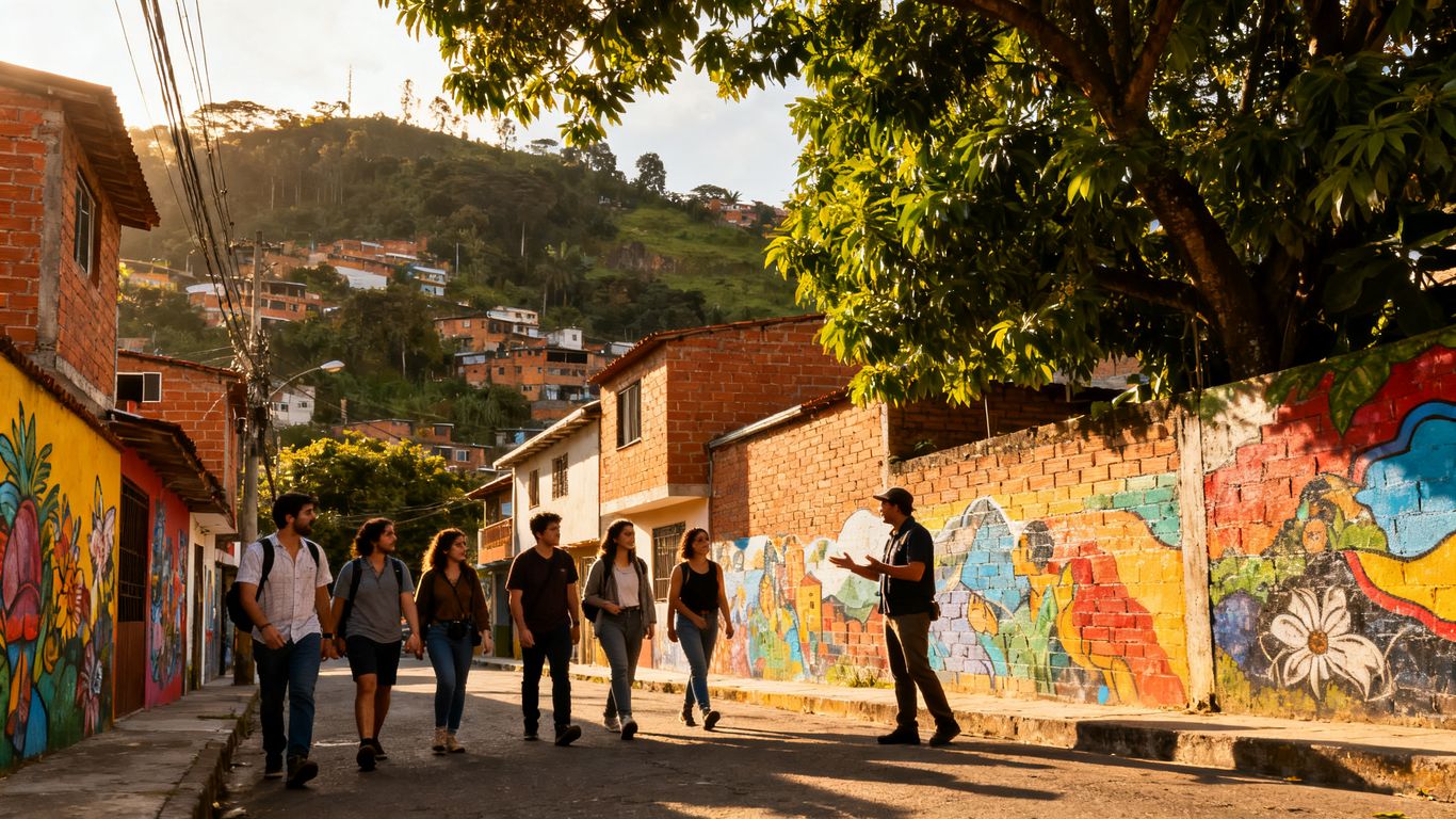 Visitors walking through a community street in Medellín