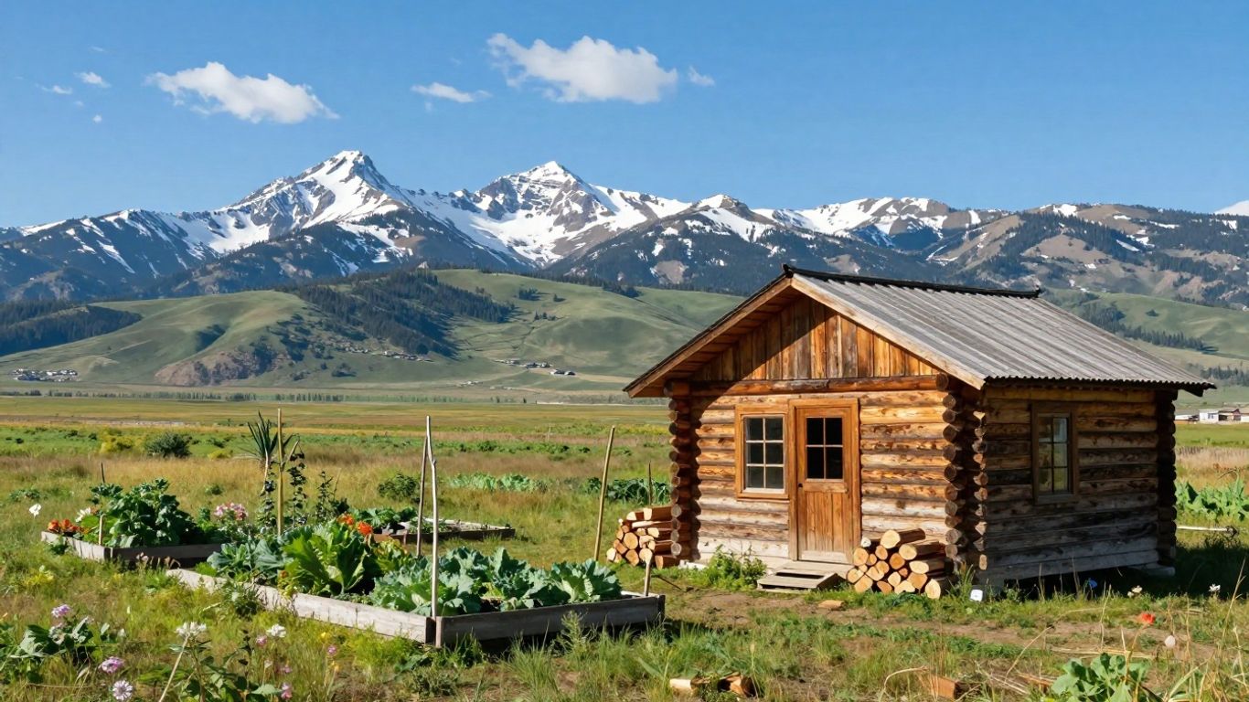 Montana cabin with mountains and garden