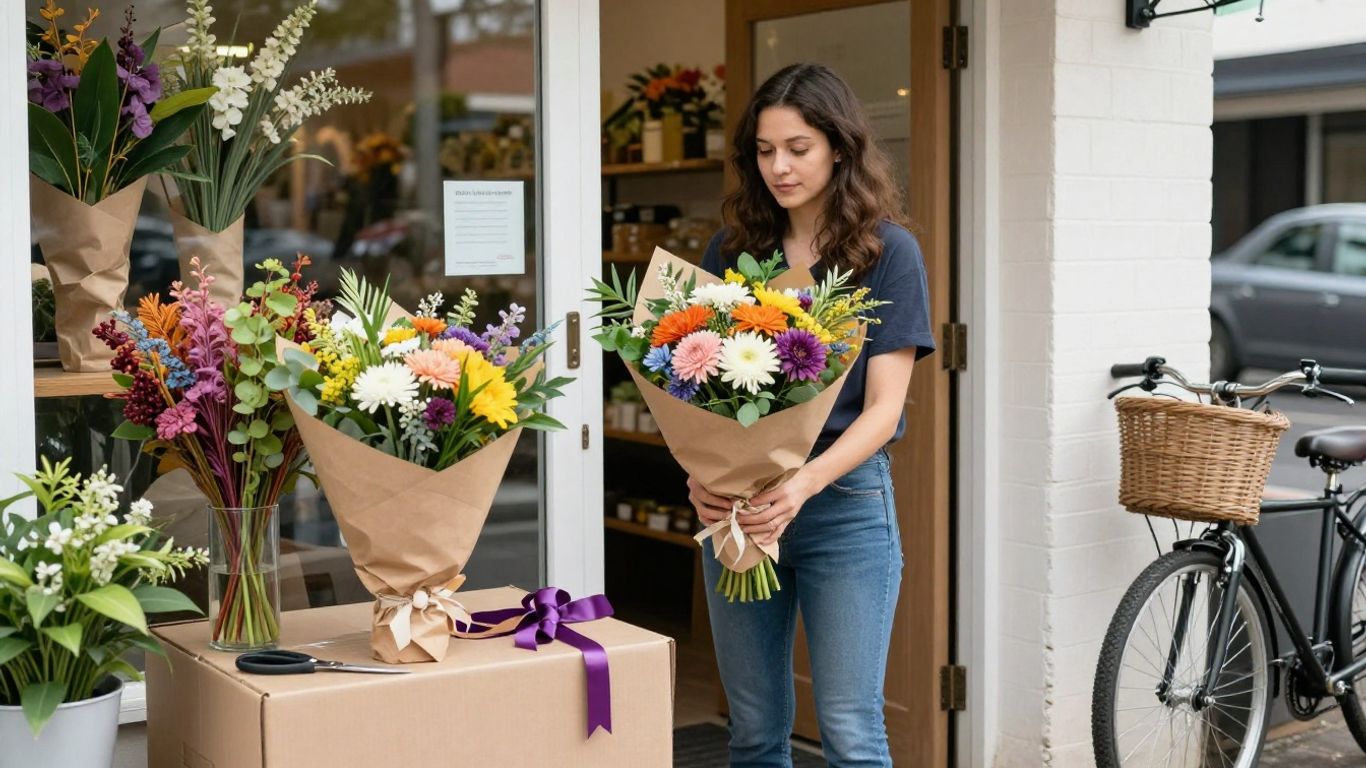 Florist preparing flowers for local delivery
