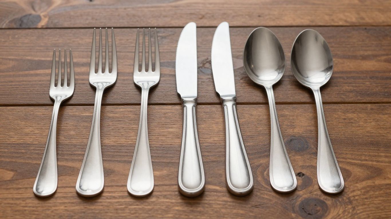 Polished stainless steel silverware set on a wooden table.