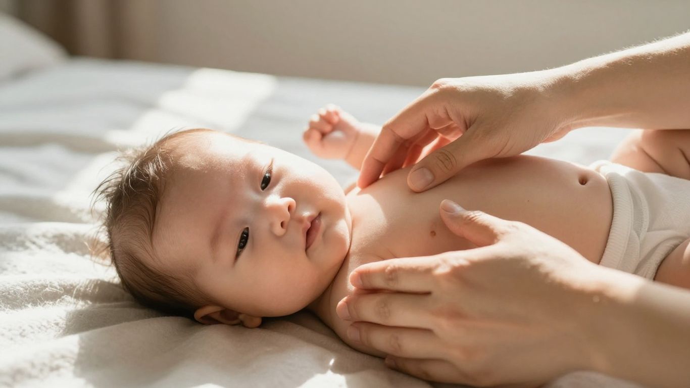 Bebé siendo masajeado suavemente por su madre.