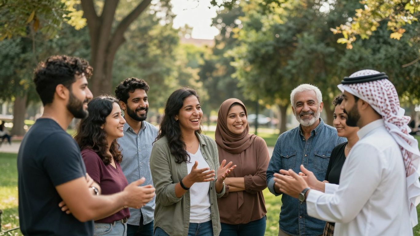 Oameni interacționând fericiți într-un parc însorit.
