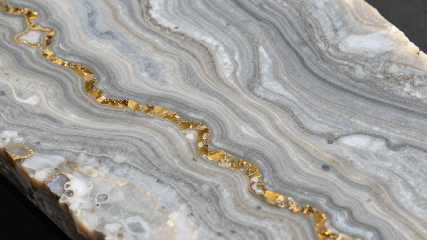 Polished Patagonia quartzite slab with swirling golden and grey veins.