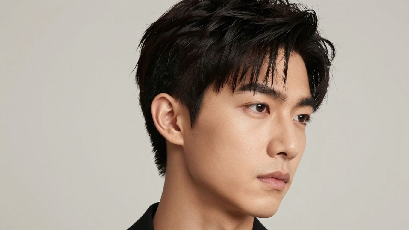 Man with modern bangs hairstyle, clean and sophisticated look.