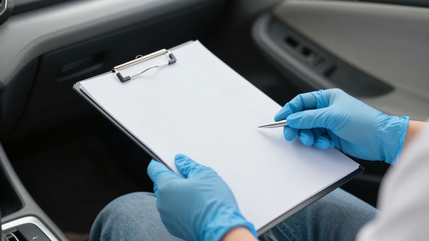 Hände mit blauen Handschuhen halten leere Mappe am Auto.