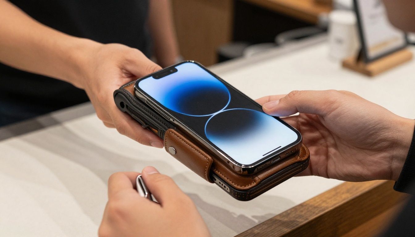 A person tapping their iPhone 17 Pro in a leather wallet case to pay at a cafe counter in Melbourne.