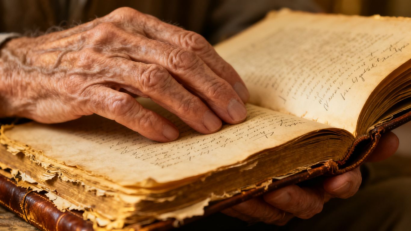Elderly hands holding an old book, connecting stories to poetry.