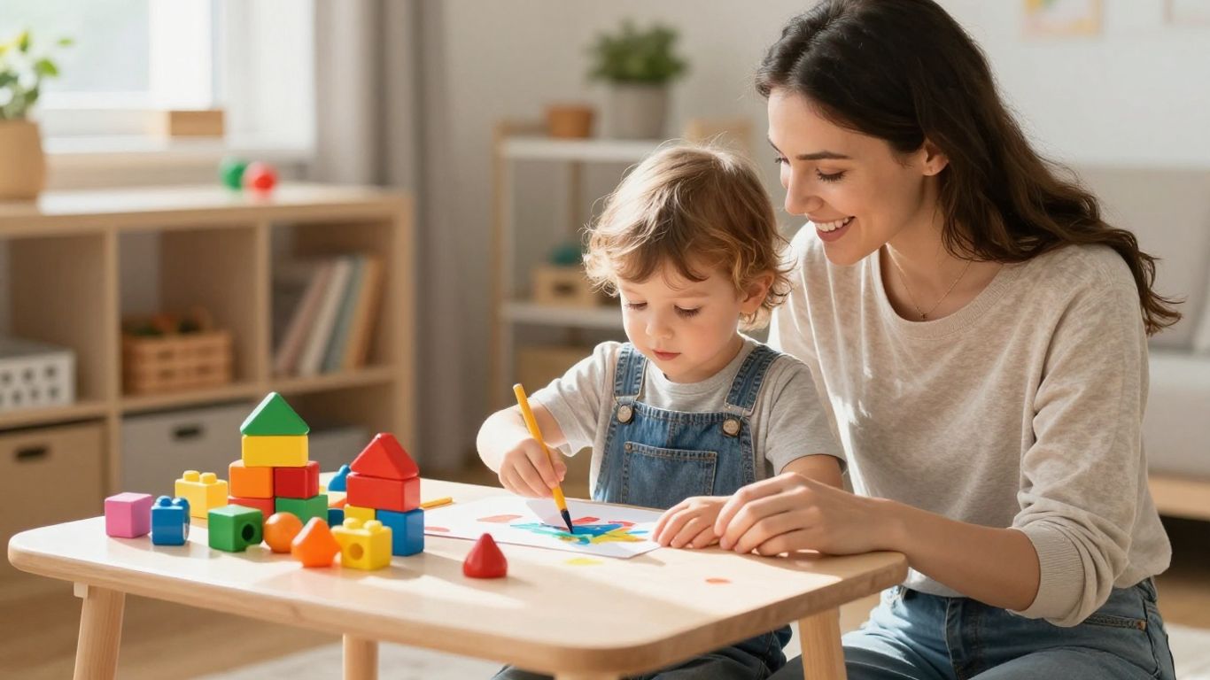 Parent and child engaged in creative play with art supplies.
