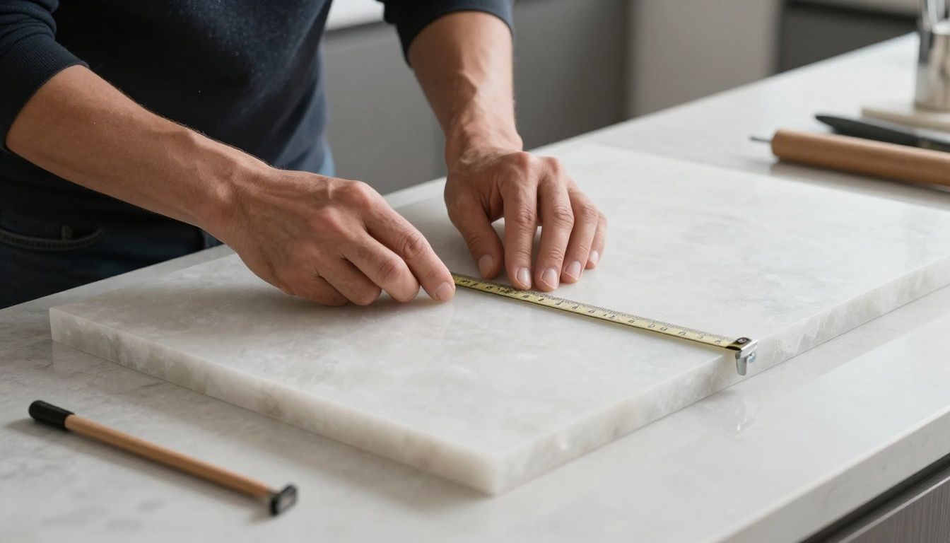 A detailed view of a craftsman carefully measuring a quartz countertop for a custom kitchen fit.