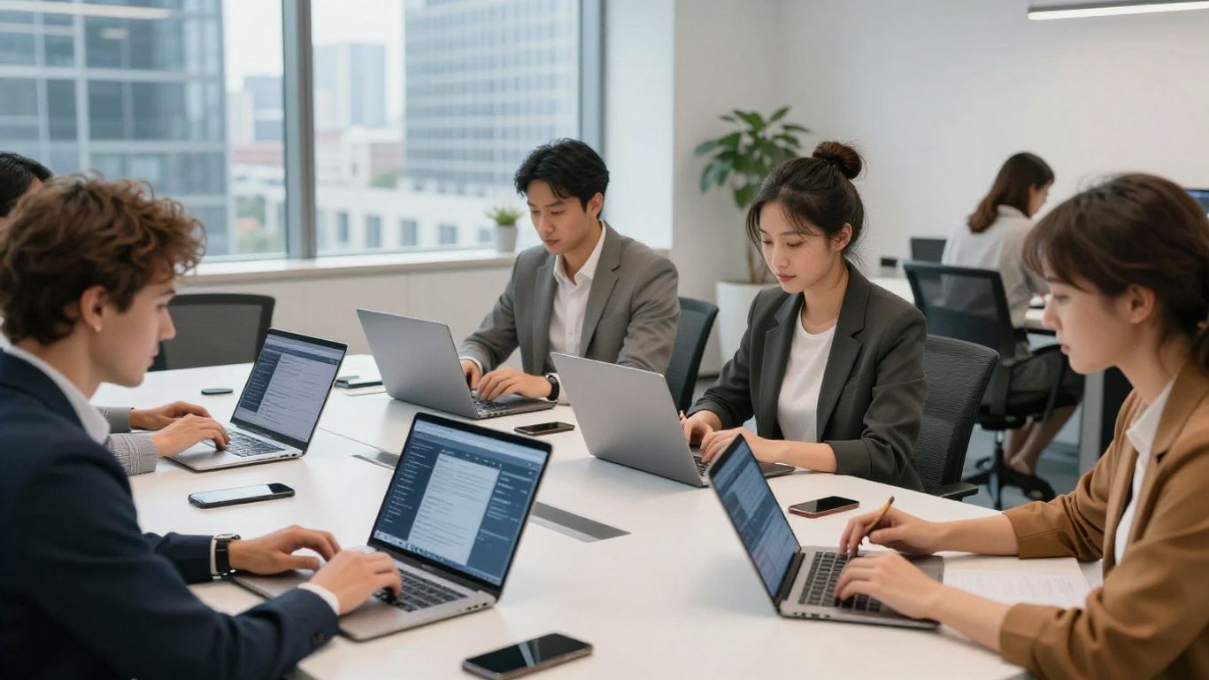 People using technology in a modern office setting