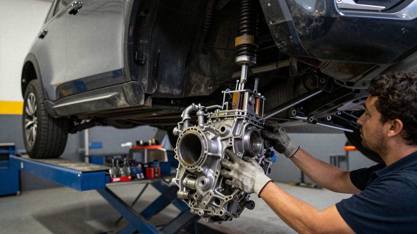 Transmission fluid service beneath a Land Rover