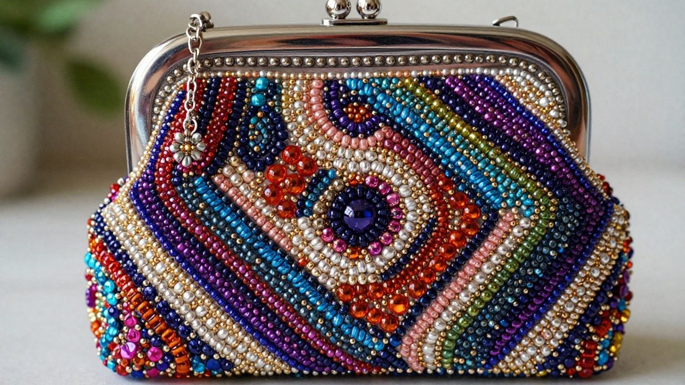 Elegant beaded purse with intricate, colorful beadwork.