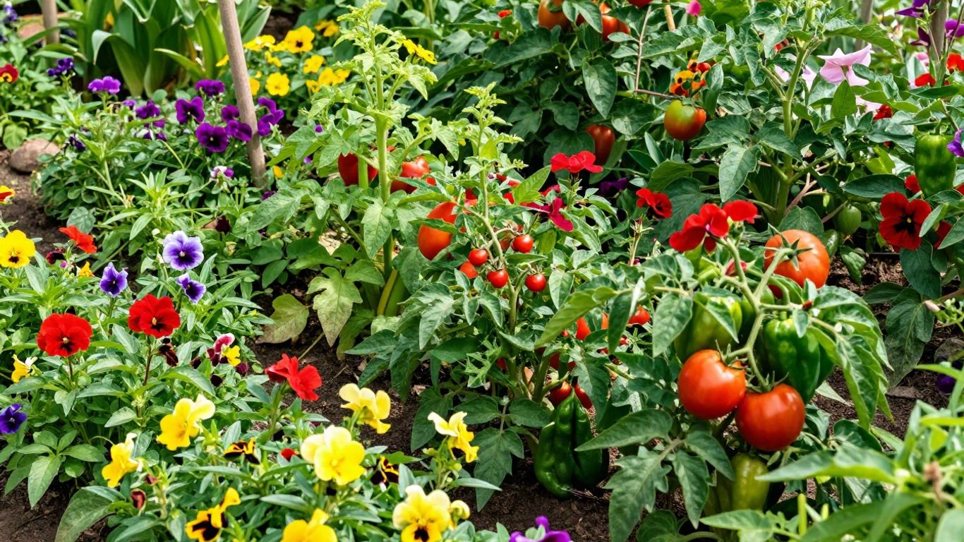 Schnellwachsende Pflanzen im Garten mit bunten Blumen und Gemüse.