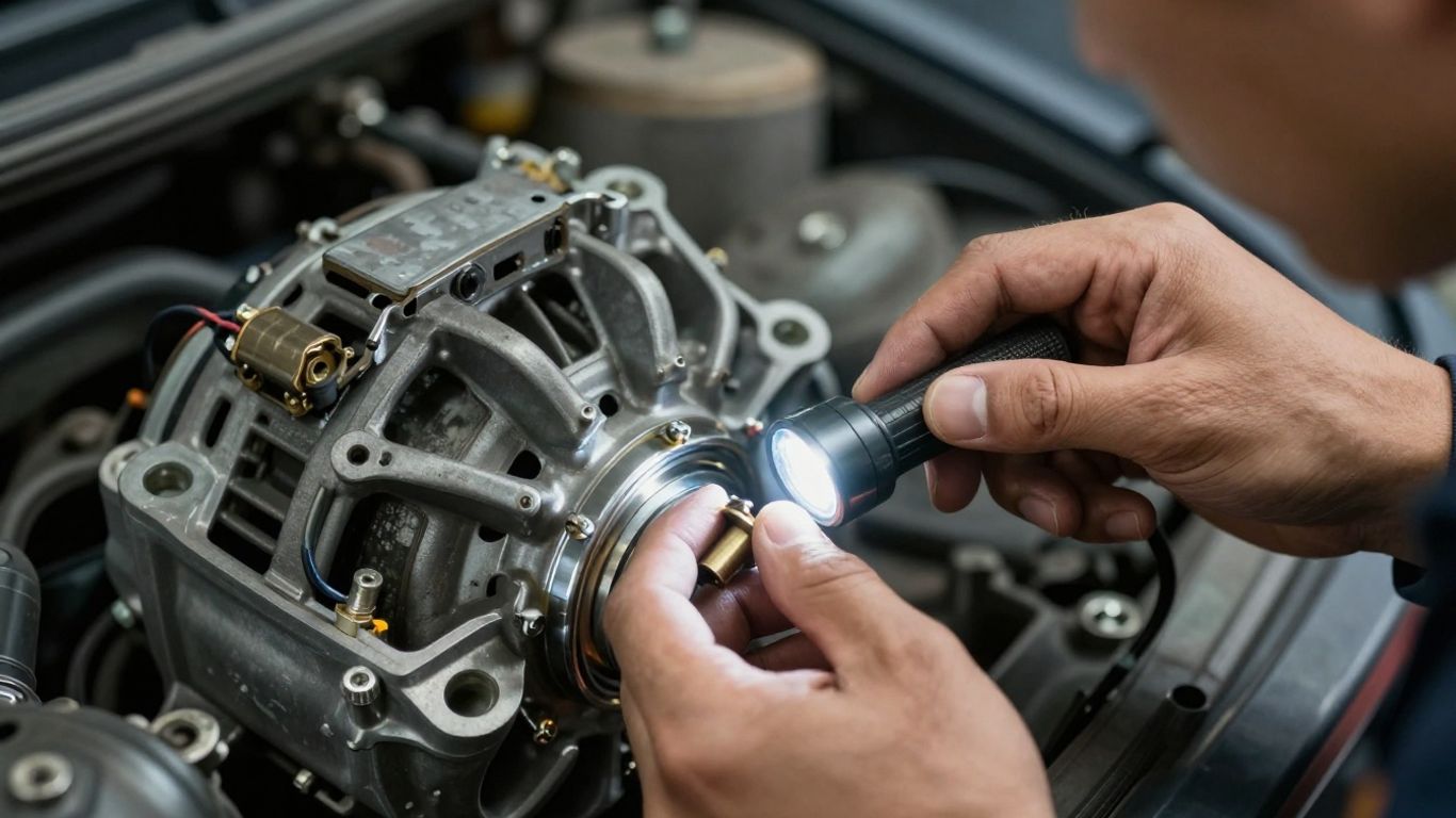 A technician inspecting mechanical parts in a workshop