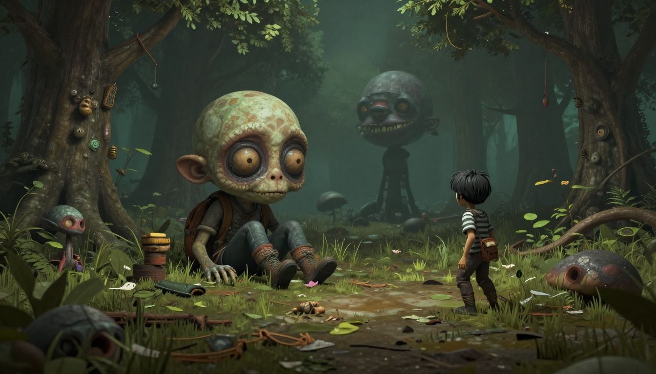 Um sobrevivente explorando um mundo pós-apocalíptico surrealista com criaturas estranhas em um cenário devastado, estilo arte conceitual de videogame
