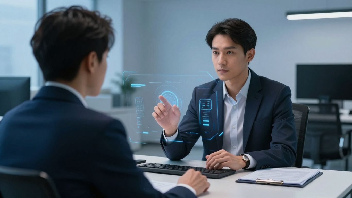 Mensch interagiert mit futuristischer Technologie im Büro.