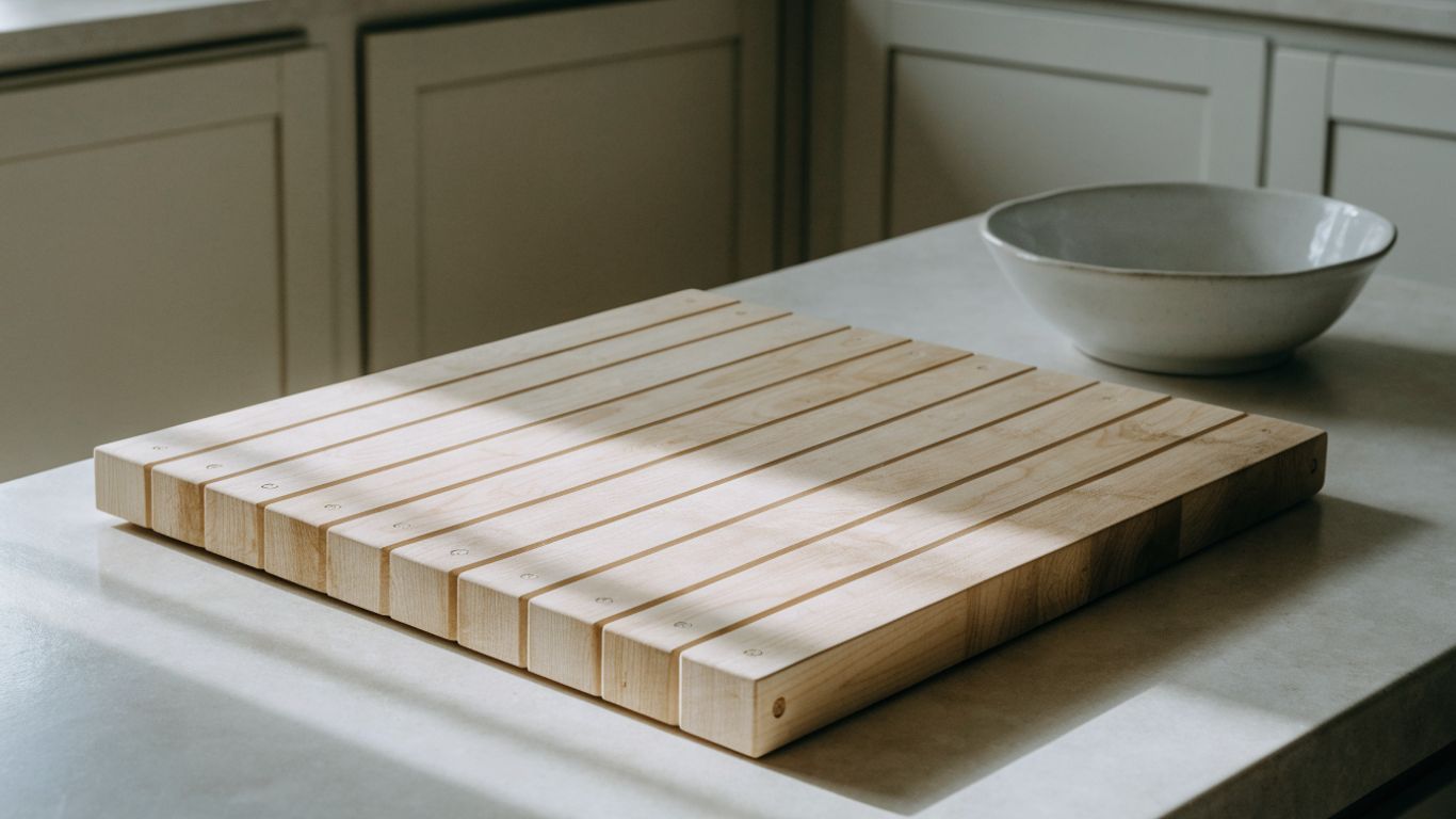 Pale maple cutting board on farmhouse counter