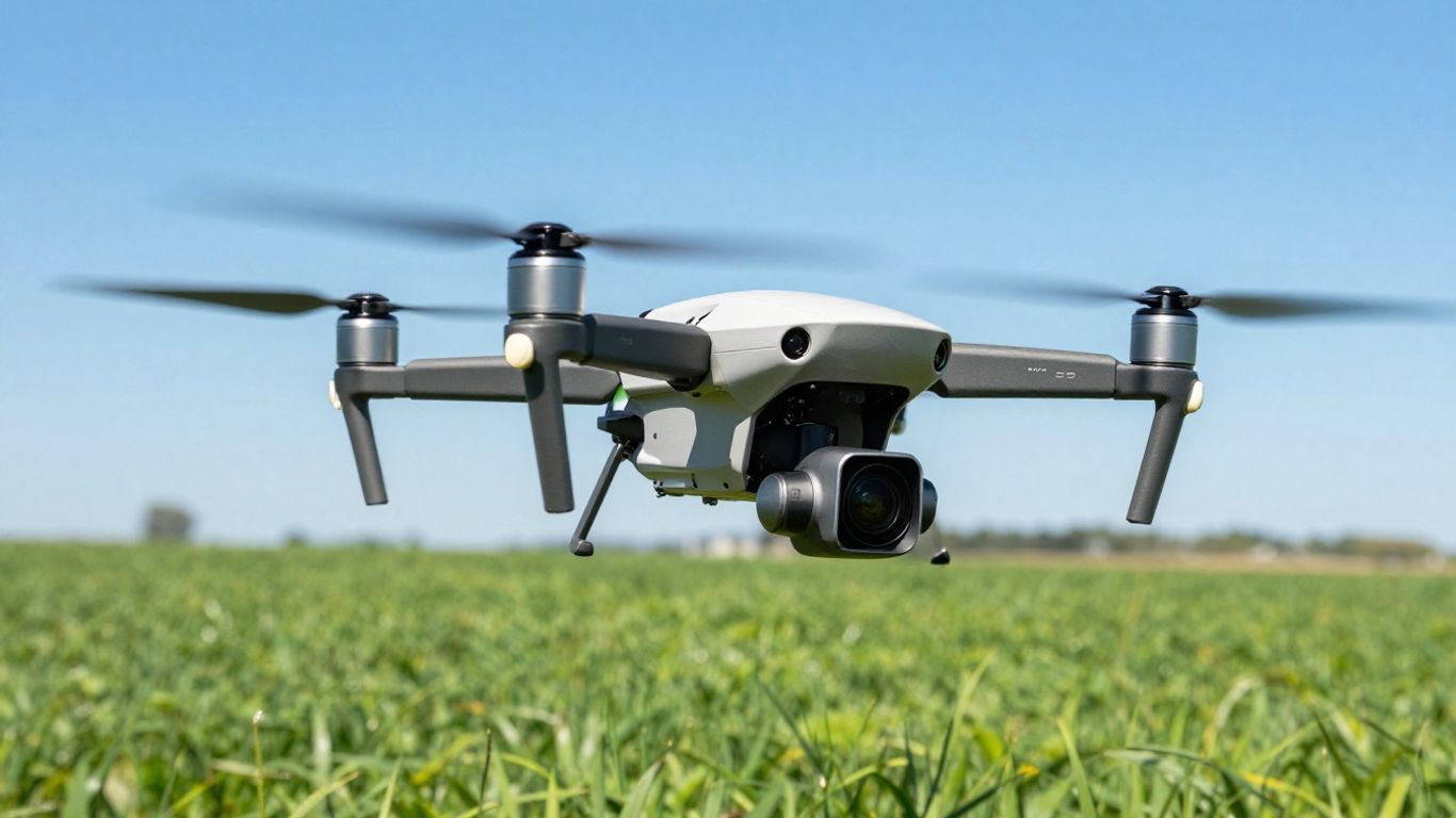 Drone hovering over a field for mapping.
