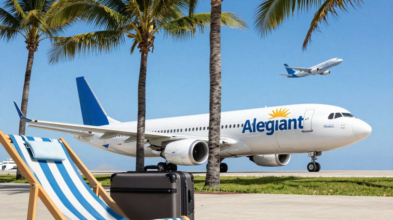 Allegiant airplane flying over palm trees and beach.