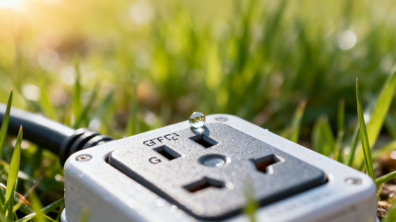 GFCI outlet with water droplet, spring outdoor background.