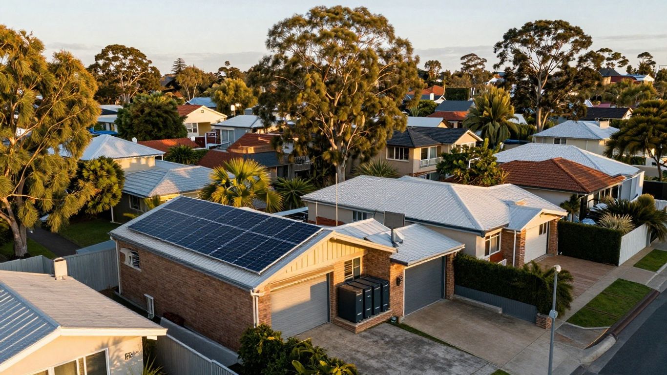 Australian suburban solar panels at sunset