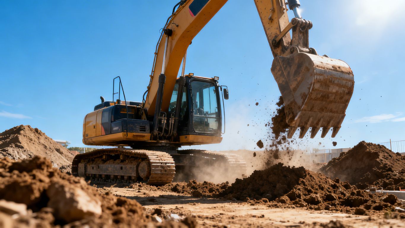 Excavator digging at a construction site.