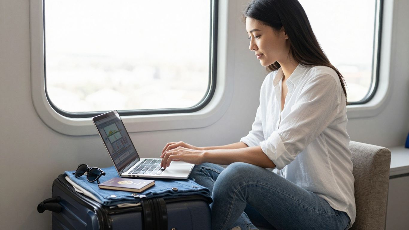 Traveler reviewing vacation options on laptop