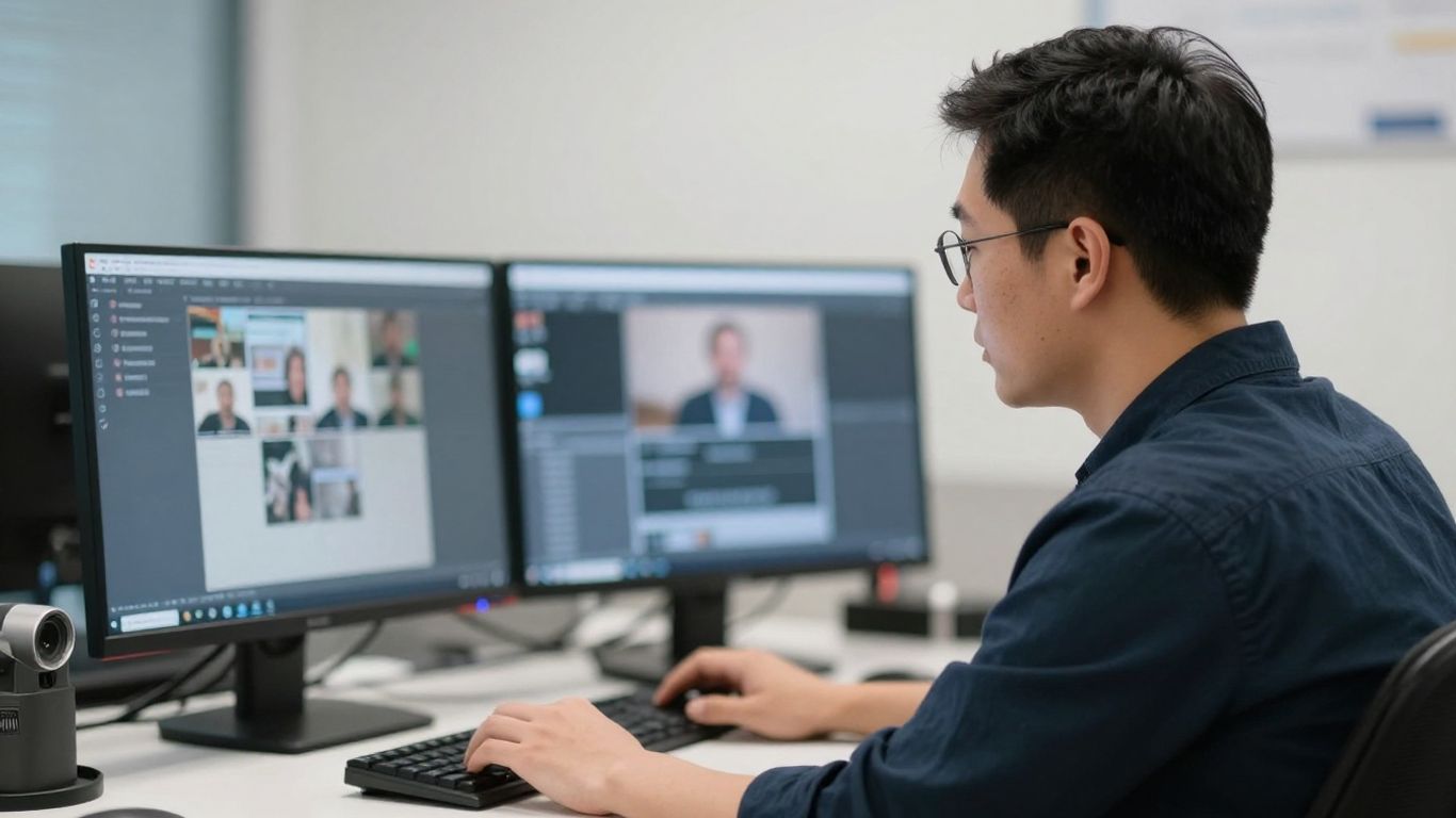 A presenter interacting with virtual guests on screen