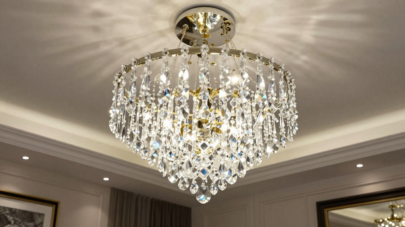 Elegant crystal pendant light illuminating a modern living room.