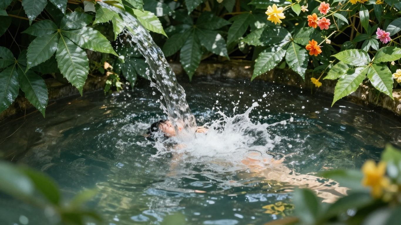 Pessoa tomando banho com flores e folhas verdes.