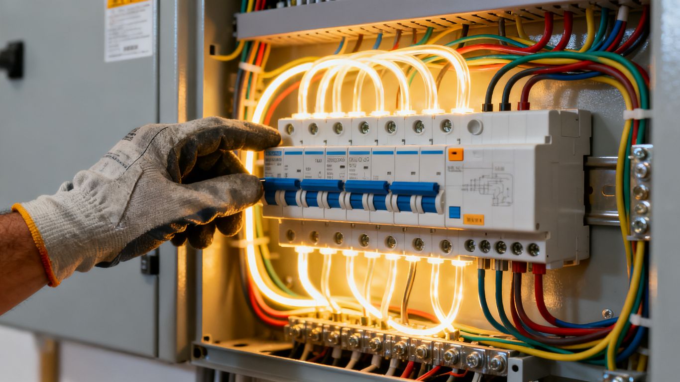 Home electrical panel upgrade with glowing wires and hand.