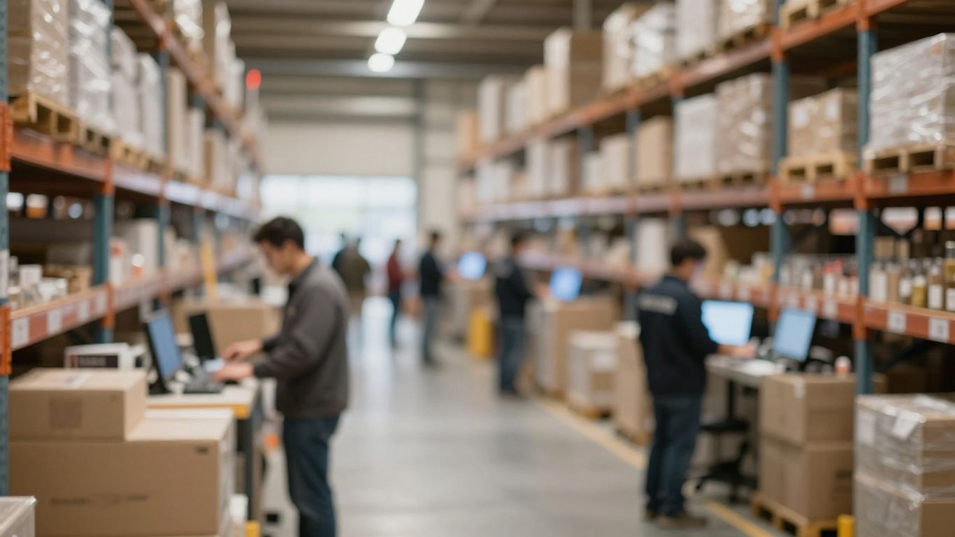 Blurred distribution center operations with teams working