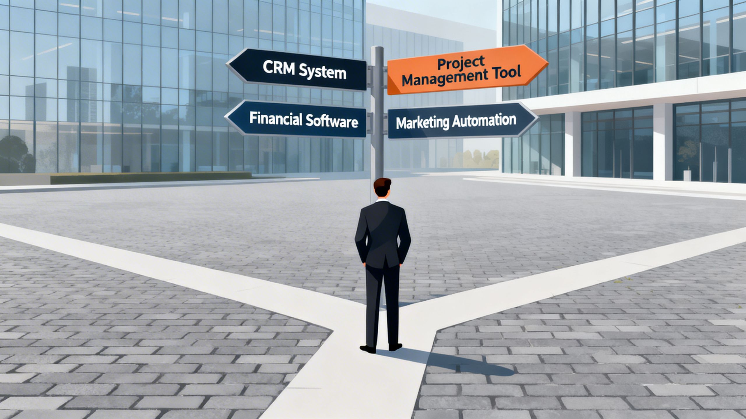 A business professional making a decision at a crossroads with signs pointing to different software options