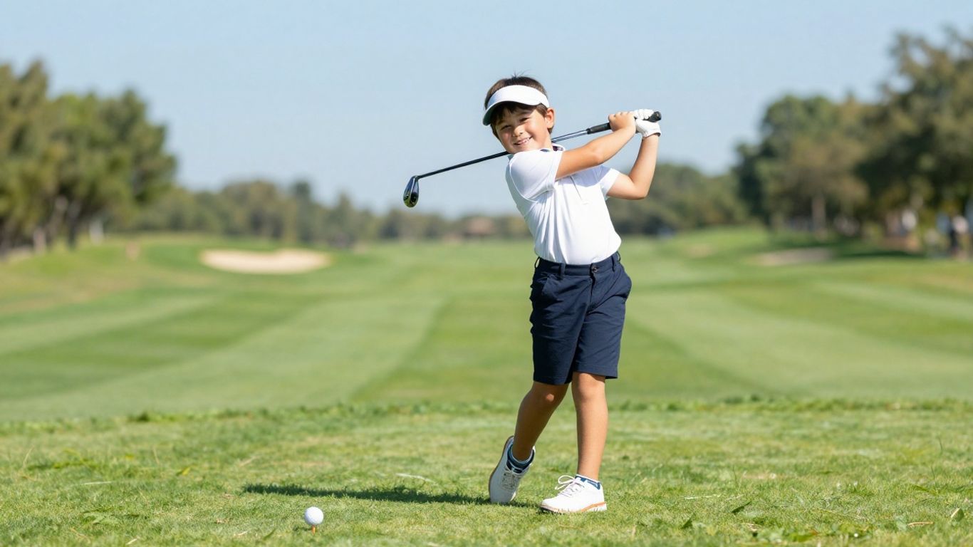 Child playing golf with a smile on a sunny day.