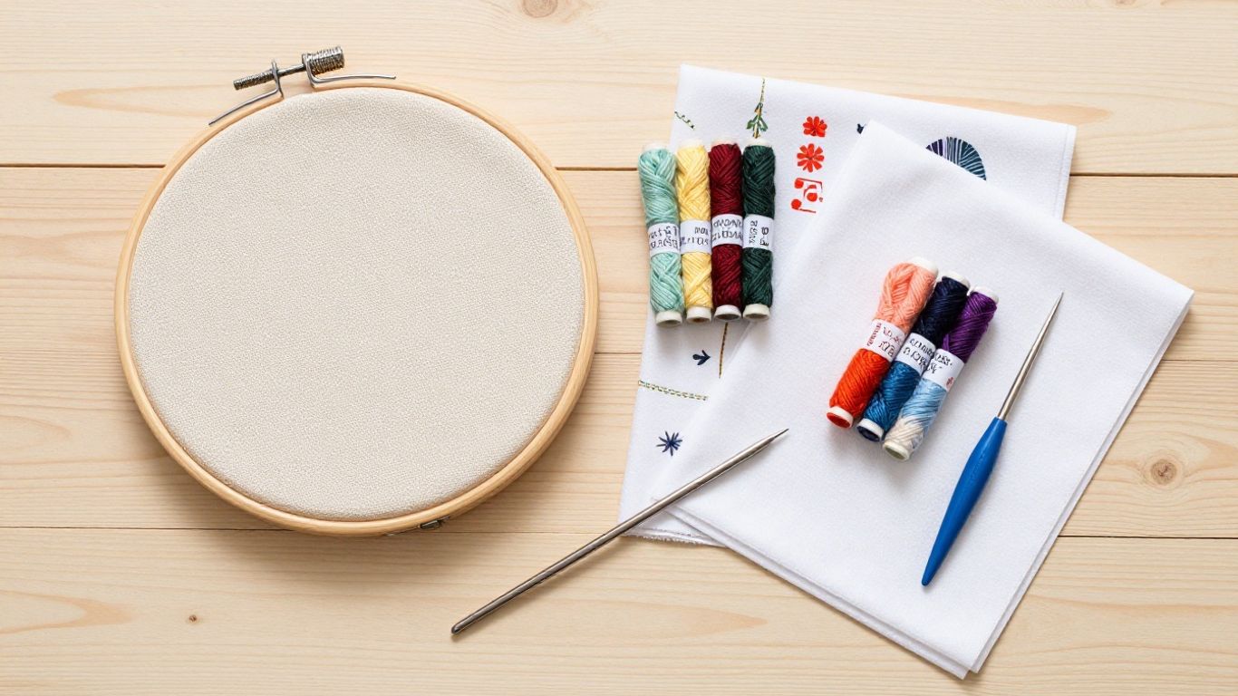 Flat lay of a complete hobby kit with yarn