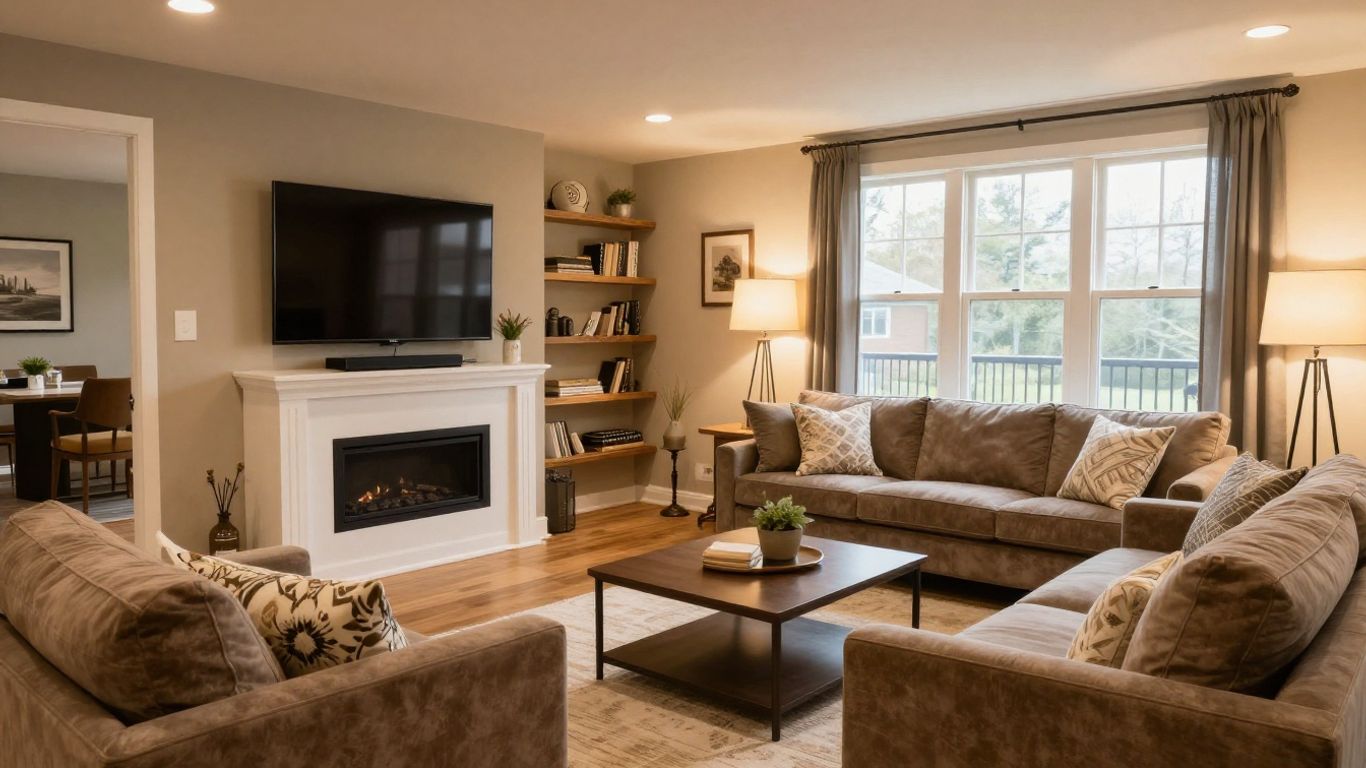 Finished basement living area with seating and entertainment center.