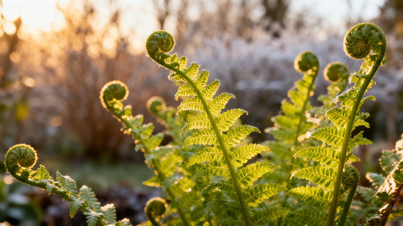Green fern fronds in a winter garden.