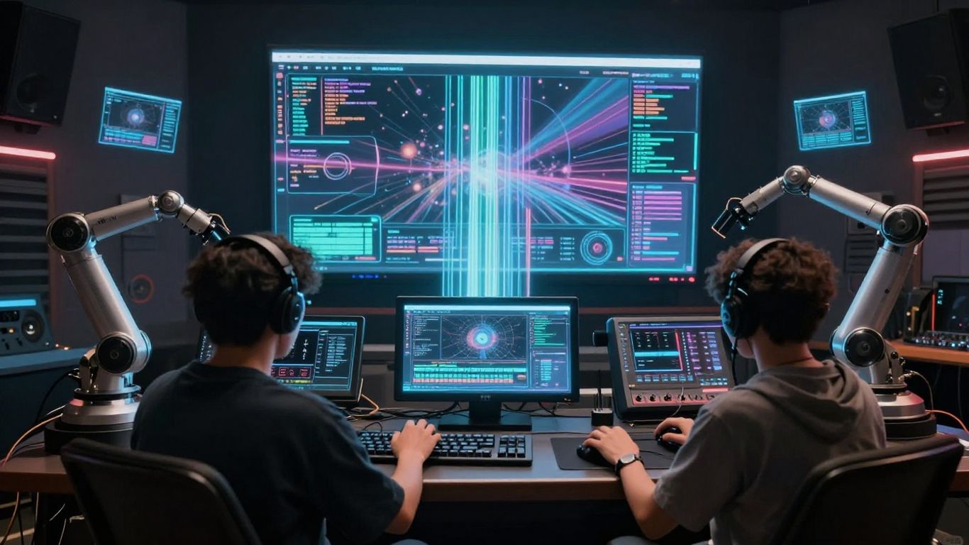 AI music video production studio with robotic arms.