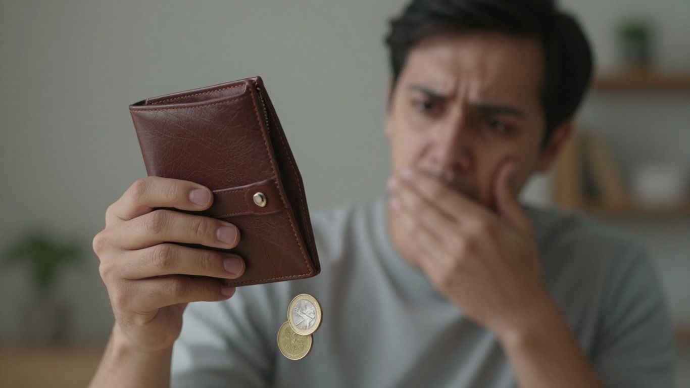 Persona preocupada con monedas cayendo de su billetera.