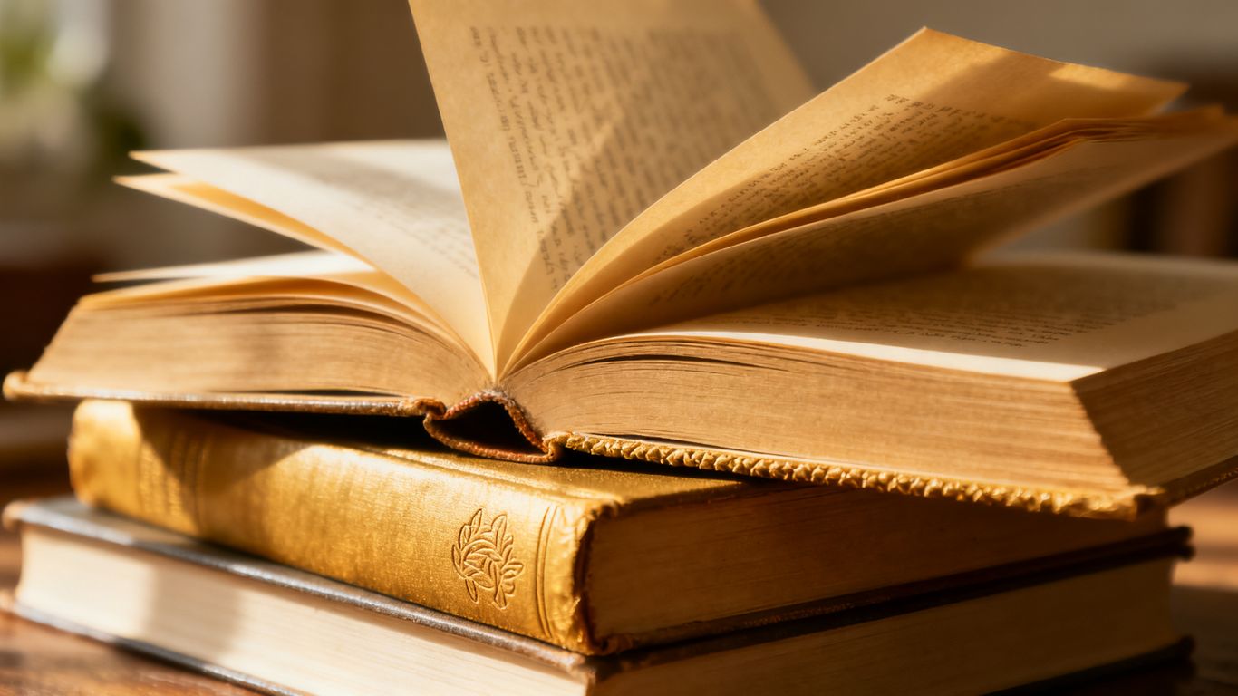 Stack of books with one open, natural light.
