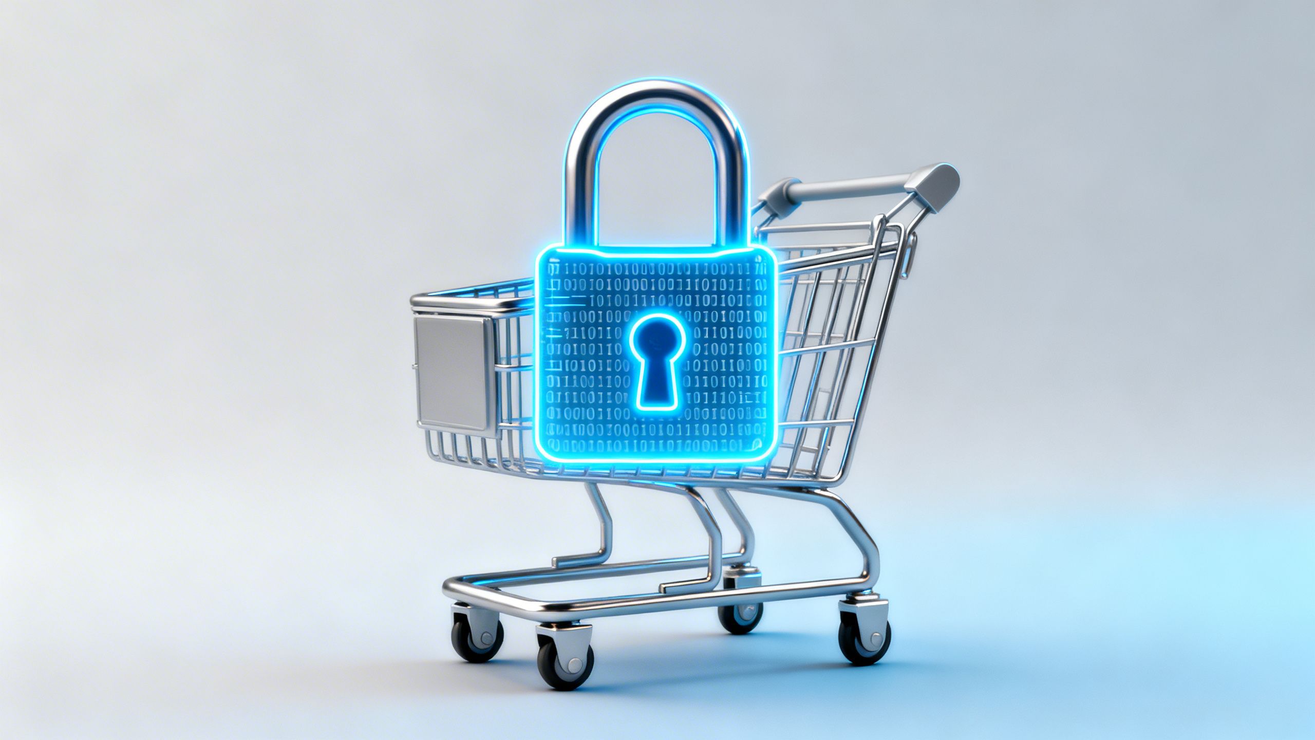 A digital padlock superimposed over a shopping cart, symbolizing the importance of AI security in eCommerce.