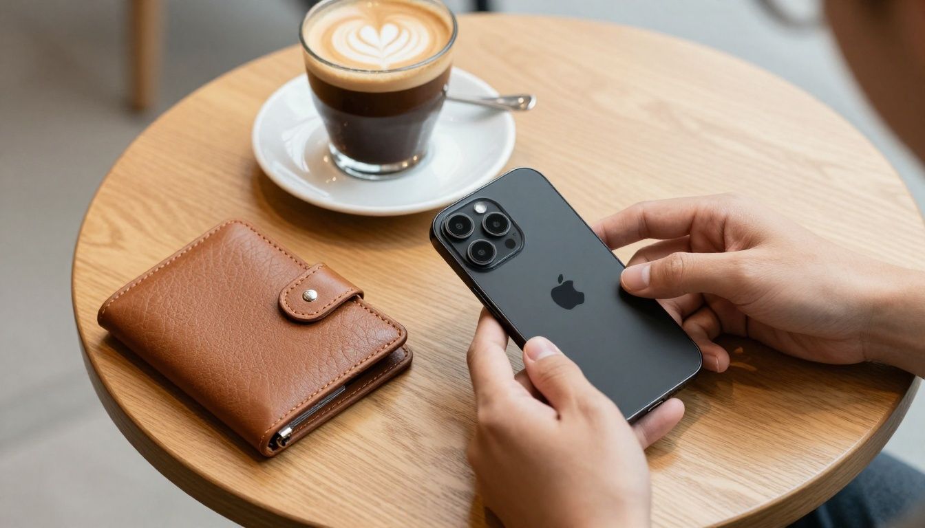 A person in a cafe placing their iPhone 16 Pro Max in a leather wallet case on the table next to a coffee cup.