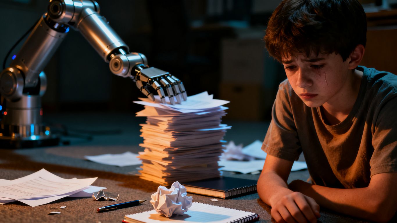 Young person looking sad, AI robot working efficiently.